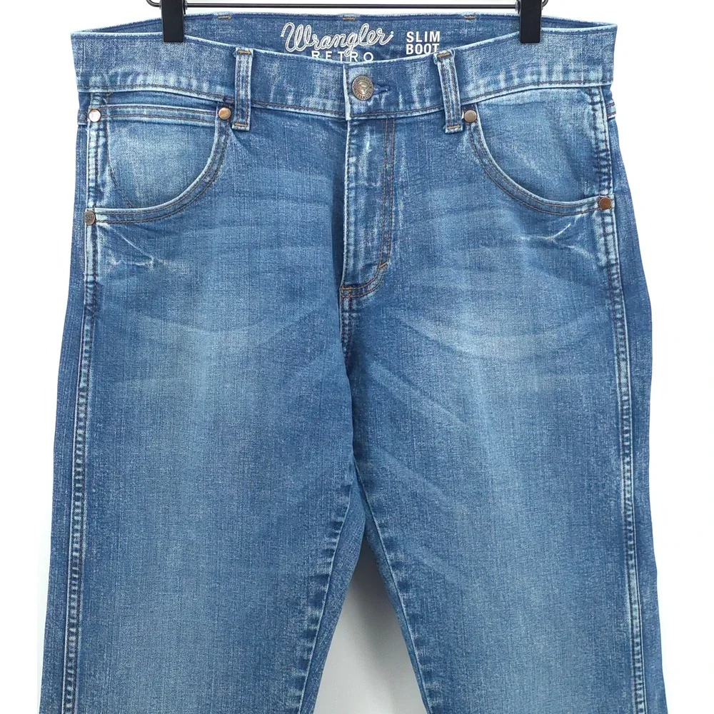 Wrangler Retro Men Slim Boot Jeans 33x36 Blue Denim Western Cowboy
